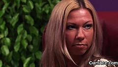 Nasty babe swallows cum facial blowbang