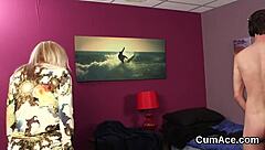 Nasty babe swallows cum facial blowbang