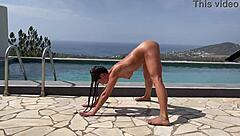 Naked sensual yoga! Roxy fox stretches and shows big tits during workout!