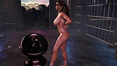 Busty tanned Lara Croft performs nude ritual dance on balcony