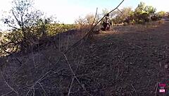 Muscular Guy Blows And Penetrates Tattooed Ebony Girl's Tight Cunt In Forest