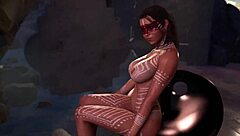 Busty tanned Lara Croft performs nude ritual dance on balcony
