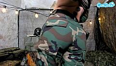 Almost caught masturbating in the field, naughty teen soldier got warned