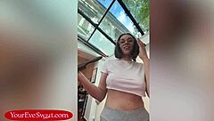 Petite stylist with big tits rides dildo wildly