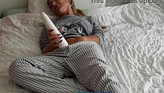 Blonde MILF in cute outfit, smashing huge vibrator