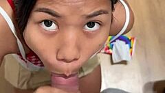 An 18-year-old Asian girl sucks my cock in the fitting room and swallows