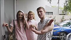Two young flight attendants got their holes spread for fat cock