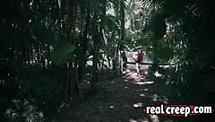 A beautiful blond woman got lost in forest