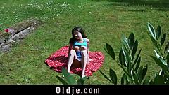 Old guy is fucking petite teeny in the garden, what a pervert!