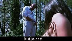 odd older guy smashing little horny teen in her garden!