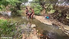 The girl was fucked by two guys in the stream