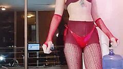 This sexy participant uses large toys during performances