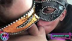 Homemade threesome hottie and bestie share cock in double blowjob 😈