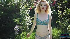 Miranda Strips Lingerie Outdoors