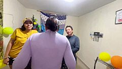 A man is having a threesome with two girlfriends at home