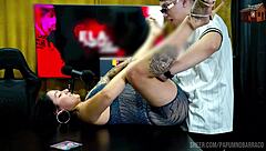 bi mejia shows how she likes to be on podcast table, ruan kisses her feet nicely