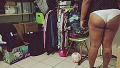 Curvy Mexican BBW cleans room voyeur style