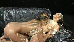 I watch nasty lesbians finger their cunts while covered in food