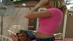 Two busty blondies sharing a big cock in an awesome threesome