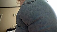 Girl in ripped jeans with big ass interacts with guy