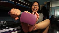 Foot fetish video with toes tied for self-tickle torture