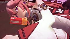 yae miko's tall feet perform a huge footjob on him