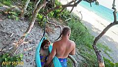 Petite Exotic Couple Rips Clothes For Public Beach Fingering!