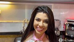 Brazilian beauty squeezes tits and gets wet in kitchen