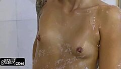 Bursting young beauty with cum in the bathroom by her stepbrother