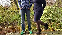 Watch mother-in-law peeing outdoors in stockings