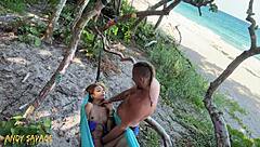 Petite Exotic Couple Rips Clothes For Public Beach Fingering!