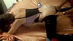 White amateur slut in THONG and CORSET gives BLOWJOB then DOGGY STYLE!