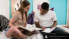 Teen Laney Grey almost caught multiple times during quickie sex with study buddy