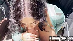 Does the huge tit Latina milf suck a stranger's dick in the car outside the laundry?