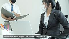 Female manager of the office tries to seduce her staff member in workplace
