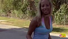 Inked blonde seduces cyclist with double dildo fingering