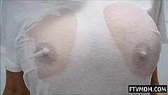 big tits milf bathing with joy in shower