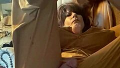 Fine ass tranny uses big dildo intensely