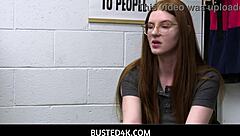 jane rogers caught at work, punished with blowjob by officer boston in garage.