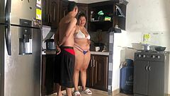 In the hotel kitchen, she asks, 'Want to fuck my big ass in missionary and cowgirl? My pussy is so wet!'