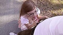 Nerdy teen in glasses gets fucked in car