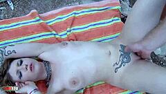 Young Spanish babe in fishnets enjoys a close-up session.