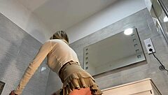 Hot shaved girl with big tits arrives for casting but gets porn shooting in bathroom