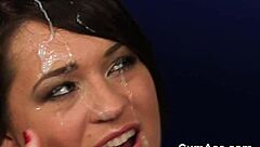 nasty babe gets sperm load on her face sucking all the sperm