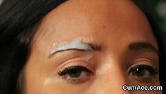 nasty babe gets sperm load on her face sucking all the sperm