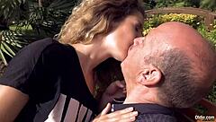 Old rich man with big belly fucked skinny nympho girlfriend
