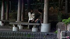 Skinny Japanese teen gives bold blowjob to stranger in car casting