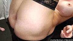 Big tittied danish babe in fishnets bent over for gangbang