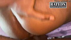 An appetizing girl has great sex at home on a red background