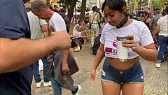 Brazilian beauties on leashes strut Sao Paulo streets for wild public domination!